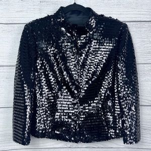 Carlisle Black Square Sequined Cropped 3/4 Sleeve Jacket Front Slit Pockets 💗